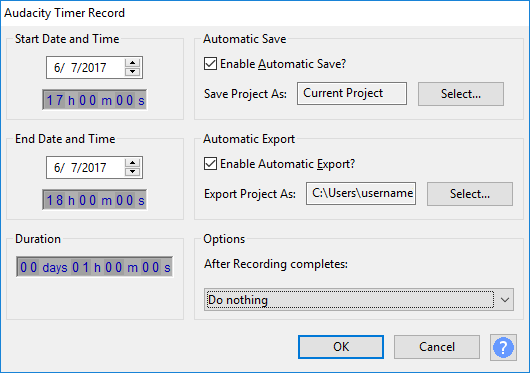 Timer Record W10 setup dialog with save and export.png